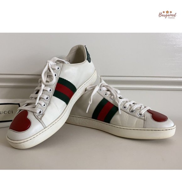 Authentic GUCCI White Leather Ace Heart Embroidered Web Low Top Sneakers 36/6 G - Picture 3 of 13